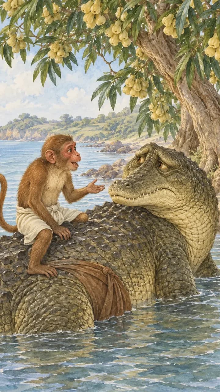 Cover illustration for The Monkey and the Crocodile