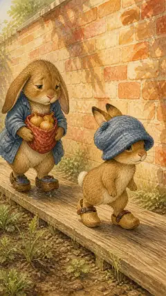 They went along a little walk on planks, under a sunny, red brick wall.