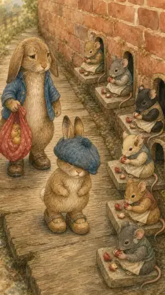 The mice sat on their doorsteps cracking cherry-stones;