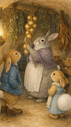 and old Mrs. Rabbit strung up the onions