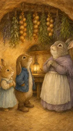 and hung them from the kitchen ceiling, with the bunches of herbs and the rabbit-tobacco.