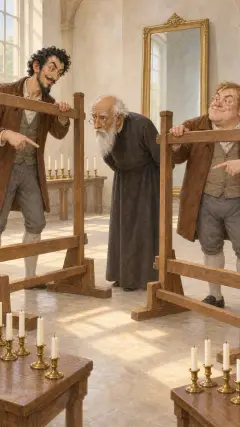 at the same time pointing to the empty frames. The poor old minister looked and looked, he could not discover anything on the looms, for a very good reason, viz.