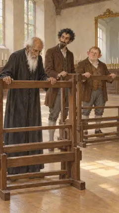 looking at the loom through his spectacles.