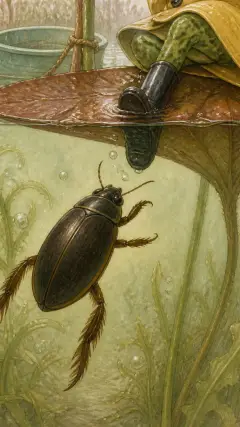 A great big water-beetle came up underneath the lily leaf