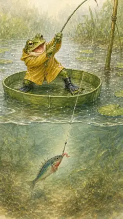 "A minnow! a minnow! I have him by the nose!" cried Mr. Jeremy Fisher, jerking up his rod.