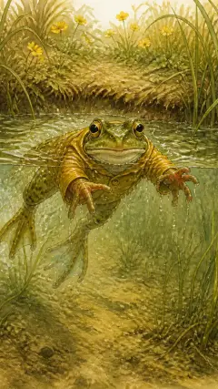Mr. Jeremy bounced up to the surface of the water, like a cork and the bubbles out of a soda water bottle; and he swam with all his might to the edge of the pond.