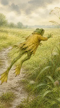 and he hopped home across the meadow with his macintosh all in tatters.