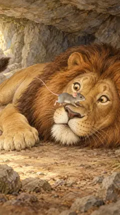 A Lion asleep in his lair was waked up by a Mouse running over his face.