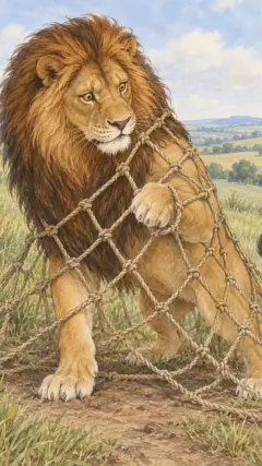 One day the Lion got entangled in a net which had been spread for game by some hunters,
