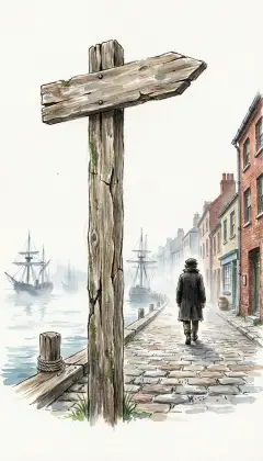A weathered signpost points the way up from the wharves. The Fates have written my part, and I only follow it. I leave Manhattan behind, bound for New Bedford and a berth aboard a whaler.