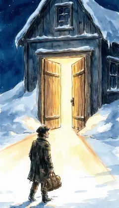 Warm light spills from the low door across the snow. The price looks low, and a weary wanderer cannot be too particular. I tuck my carpet-bag tighter and step inside.