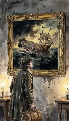 A huge painting hangs on the wall, blackened by smoke and age. Ishmael stares until shapes emerge from the murk. A great whale, hurling itself onto the masts of a sinking ship.