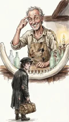 Behind a bar made from a whale's jawbone, landlord Peter Coffin grins. The house is full. One bed remains, shared with a harpooneer. A dark-complexioned stranger, not yet home for the night. Too cold to wander on, Ishmael agrees and waits.