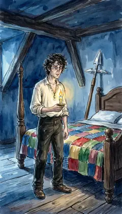 A single candle flickers. Ishmael stands alone in a freezing little room upstairs at the inn. At the head of the great bed leans a tall whaling harpoon, its iron barb gleaming. Whose room is this? He must share it tonight with a stranger he has never met.