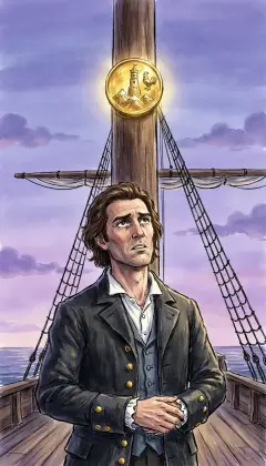 Dusk falls on the Pequod. Starbuck stands alone at the mainmast. Above him gleams the gold doubloon: the cursed wage for whoever first spots the White Whale. His honest face is shadowed with dread.