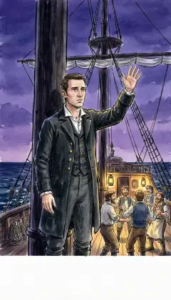 Weary Starbuck stands at the dark mainmast, listening. Wild song and laughter burst from the crew forward, while aft, only silence. Stand by me, hold me, bind me, he pleads, then sets the night-watch.