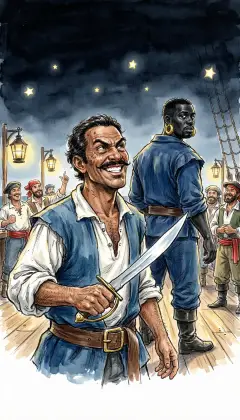 A Spanish sailor sneers at giant Daggoo's black skin. Daggoo rises like a thunderhead, and both bare their knives. "A row! A row!" the crew shouts, ringing the fighters in.