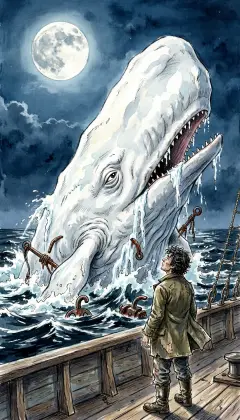Out on the black water, a pale shape rises. Behold Moby Dick: a white whale of monstrous size. Old rusted harpoons still hang in his scarred hide. Whalemen whisper he can never die.