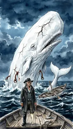 Once, on a former voyage, this whale found Captain Ahab. It sheared away his leg like a scythe through grass. From that wound grew a burning, quenchless madness. Now whale and woe are fused into one hate.