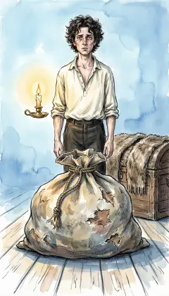The stranger's things are everywhere: a great battered seaman's bag, swollen and travel-worn. A heavy shaggy mat lies on the chest, slit through the middle like a poncho. Ishmael slips it on, then yanks it off: damp, absurd, far too strange to keep.