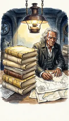 Old whaling log-books pile high at his elbow. Their pages mark every sea where Moby Dick was seen. Ahab knows the tides, the currents, the season of the hunt.