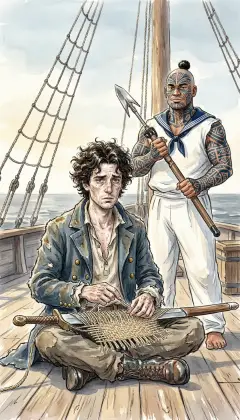But the cry has not come yet. First, a long, drowsy afternoon, the sea flat and slow. On a still, dreamy afternoon, Ishmael weaves a sword-mat, his hand the shuttle of fate. Beside him Queequeg drives each yarn tight with his heavy oaken sword. The half-made mat seems the very Loom of Time: necessity, free will, and chance interwoven.
