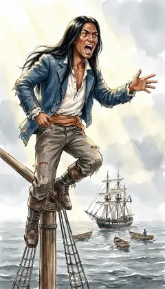 Suddenly a wild cry drops from aloft. Tashtego flings out his hand. 'There she blows! A whole school, two miles off the lee-beam!' The dream shatters. The boats swing out, crews poised to drop and chase.