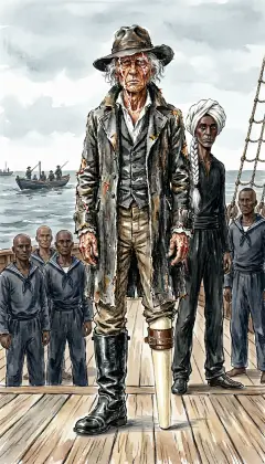 Ahab surges to the rail, and five dark phantoms stand ringed about him. Foremost is the shadowy Parsee Fedallah: Ahab's own secret crew, smuggled aboard. 'Time! Mark the minute! Down boats! Man the cranes!' The wild first chase has begun.