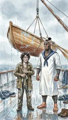 The first lowering ends in a wild, soaking scramble, and no whale at all. Dragged last to the deck, Ishmael wrings out his jacket and laughs at the absurdity. 'Queequeg, my friend, does this sort of thing happen often?' 'Oh yes,' says Queequeg, dripping and calm. 'Such things happen very often.'