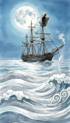 On a still moonlit night, the waves roll by like scrolls of silver. From high on the mast, Fedallah's unearthly cry rings down: There she blows! Far on the bow a lone silvery spout glitters, like a god risen from the sea.