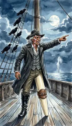 Ahab strides the deck. Set every sail! he roars. After it! But the instant they give chase, the ghostly jet slips into the dark. Black sea-birds cling to the rigging, silent, as the Cape's storms rise.