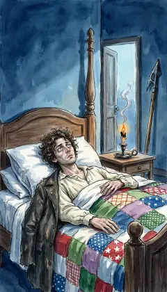 He blows out the flame and climbs into the great cold bed, broad and lonely. The landlord swore the harpooneer would not come tonight. Yet Ishmael cannot sleep, listening for a footfall on the stair.