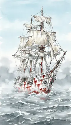 Off the distant Crozetts, a sail looms out of the grey. She is the Goney, four years from home, bleached bone-white and streaked with rust. Like a stranded skeleton, she glides past the Pequod's stern.