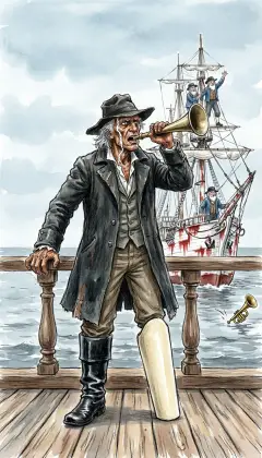 Ahab grips the rail and hurls his one question across the water. "Have ye seen the White Whale?" The strange captain lifts his trumpet to answer, but it slips into the sea. The bearded lookouts only stare, and not one of them speaks.