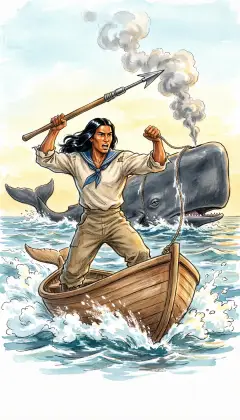 Tashtego rises in the bow and hurls his harpoon home. The iron bites deep, and the line smokes round the loggerhead. "Start her, start her, my men!" The boat tears off on a wild sleigh-ride.