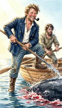 Stubb, pipe still in his teeth, plants his knee and darts his lance. Coolly, again and again, he ranges up and sterns off, seeking the great heart. "Wet the line, haul me on! I'll have his life-blood yet!"