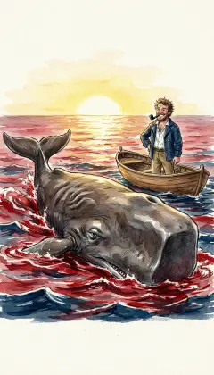 The red tide pours from the monster and the sea seethes crimson. The whale rolls fin-out and dead in a sea of its own blood. Sail on to the deck: tonight Stubb feasts on a steak cut from its side.
