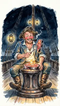 Midnight on the Pequod. Stubb killed a whale today, and now he must have his supper. He sits astride the capstan like a sideboard, forking up a hot whale-steak by lantern-light. Too tender, he grumbles. A proper whale-steak should be tough.