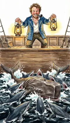 Below the hull, thousands of sharks swarm the dead whale in the dark water. They tear huge mouthfuls and slap the planks, dining while Stubb dines above. Their smacking racket vexes him. "Cook!" he barks. "Go preach those sharks quiet!"