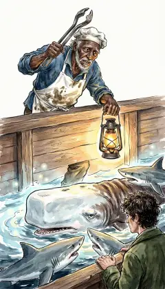 Old Fleece shuffles up, lowers his lantern over the water, and brandishes his tongs like a preacher. "Fellow-critters! Massa Stubb says feast all you want, but stop dat dam racket!" "You is all sharks, voracious by nature. Govern that, and you be angels." Ishmael, listening in the dark, eyes the steak and the sharks, and the only difference: a fork.