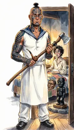 At midnight the harpooneer comes home. Queequeg, tall and covered in dark tattoos, looms in the candlelight. A tomahawk-pipe in one hand, a shrunken head in the other. Ishmael lies frozen in the great bed, holding his breath.