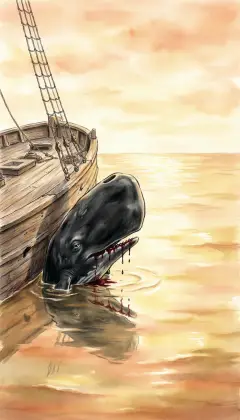 By morning the crew cut into the carcass and sever the huge head, swinging it up against the ship's side. At noon a copper calm spreads over the sea, glassy and gold like a vast lotus. Against the Pequod's side hangs the great black whale head, blood still dripping. It is silent as a Sphynx in the desert, and the deck stands deserted.