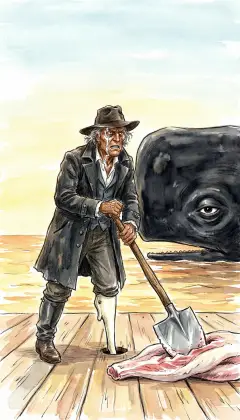Alone, Ahab leans crutch-wise on the cutting-spade still buried in the flesh. "Speak, thou vast and venerable head, and tell us the secret in thee." "Of all divers, thou hast dived the deepest, amid this world's foundations." He begs the oracle for one word, but not a syllable is its own.