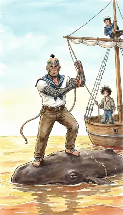A cry from aloft breaks the spell, and Queequeg swings down onto the floating carcass. The whale's bloody work resumes; he must hook it fast to the ship. Ishmael stays bound to him by a single rope, two lives tied as one.