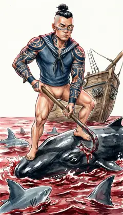 Queequeg drops onto the dead whale's slippery back, bobbing half-sunk beside the ship. He plants the heavy hook deep into the glistening flesh. Below his bare feet the sea boils red, thick with snapping sharks.