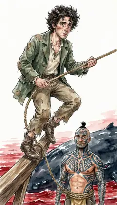 High on the ship's tilting side, Ishmael grips the other end of the rope. One line ties his belt to Queequeg's. They are bound, fast at both ends. If Queequeg sinks, the rope drags Ishmael down with him. Their two lives are wedded into one.