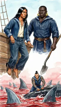 From a stage above, Tashtego and Daggoo lean out with long whale-spades. Their keen blades flash down among the fins, hacking the sharks back. They guard Queequeg's bare legs from the snapping jaws below. Three pagans do the bloody work, and the red sea churns on.