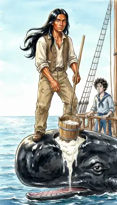 The carcass cut free, the great head now swings hoisted high aloft, its hollow brimming with precious sperm oil. High atop the hoisted whale-head, Tashtego bales the fragrant sperm bucket by bucket. Then his foot slips and he plunges head-first into the deep cistern. A hook tears loose. The whole vast head drops thundering into the sea. Down it sinks, with Tashtego buried alive inside.