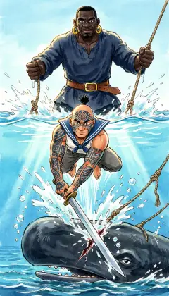 In an instant Queequeg seizes his boarding-sword and dives. No time to think. He slashes a low gash in the sinking head and reaches inside. By the hair he drags Tashtego back up into the light. Daggoo, swinging on the loose tackles, shouts: 'Both! Both! They rise together!'