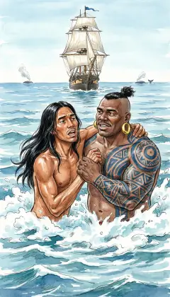 Both men break the surface alive, born twice from the deep. Tashtego owes the tattooed man his life. The Pequod presses on into the narrow straits. Ahead waits a vast armada of whales upon the sea. Down the boats go, and we pull hard for the herd, irons ready in the bow.